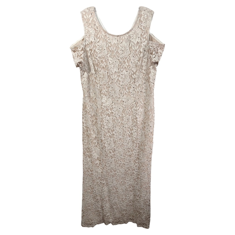 Candalite Plus Sz 2X Dress Maxi Beige Lace Sequin Cold Shoulder Full Length 794